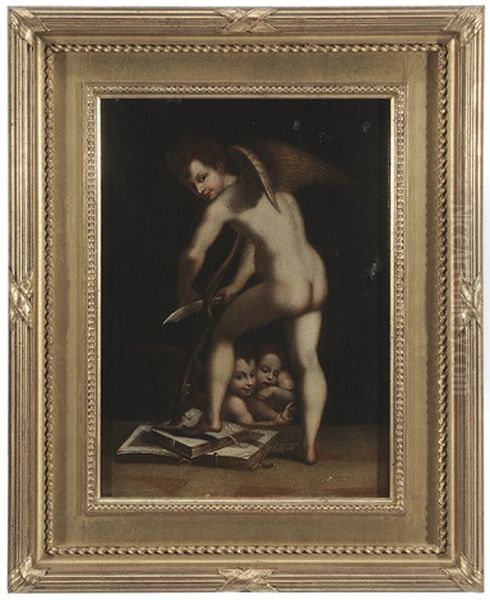 Cupid Carving His Bow Oil Painting by Girolamo Francesco Maria Mazzola (Parmigianino)