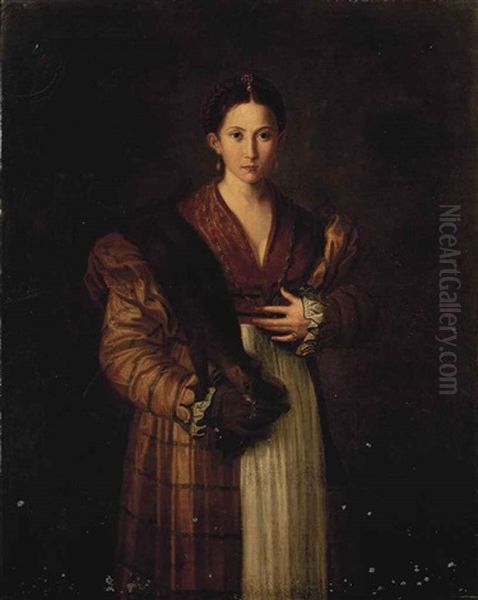 Portrait Of A Lady, Known As Antea, Three-quarter-length, In An Ochre Dress With A Stoat Over Her Shoulder Oil Painting by Girolamo Francesco Maria Mazzola (Parmigianino)