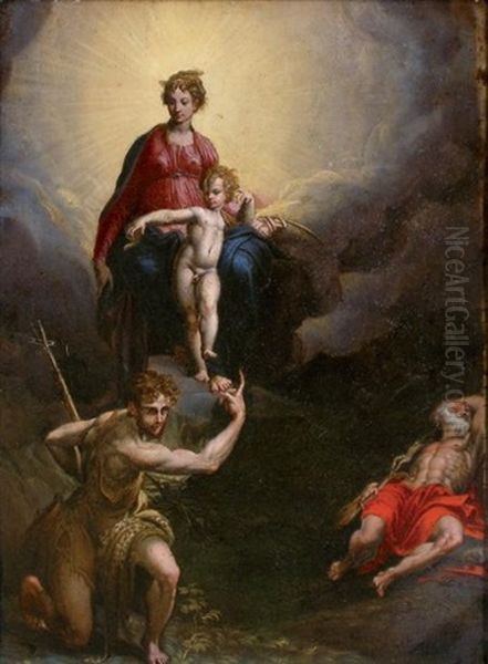 La Madone Et L'enfant Avec Saint Jean Baptiste Et Saint Jerome Oil Painting by Girolamo Francesco Maria Mazzola (Parmigianino)