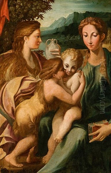 Maria Und Elisabeth Mit Ihren Sohnen Jesus Und Johannes Als Kinder Oil Painting by Girolamo Francesco Maria Mazzola (Parmigianino)