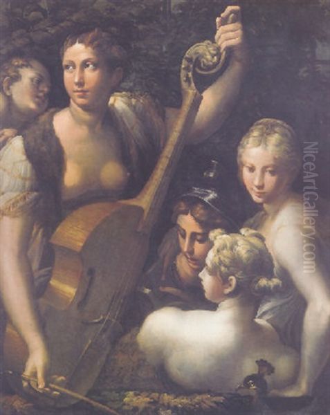 A Concert With Minerva, Juno And Venus Listening To A Young Bare-chested Woman Playing The Viola Da Gamba With Cupid Looking On Oil Painting by Girolamo Francesco Maria Mazzola (Parmigianino)