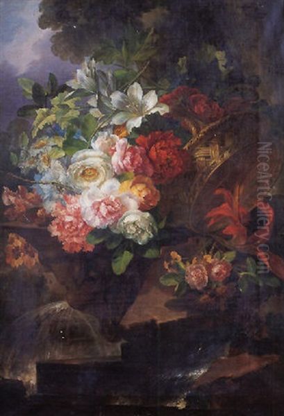 Bodegon De Flores En Una Fuente Oil Painting by Miguel Parra Y Soler