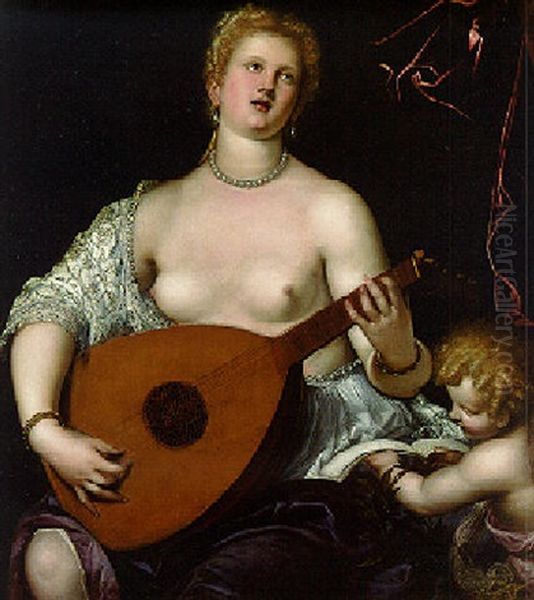 A Woman Playing A Lute With A Putto Holding A Book Of Music Oil Painting by Micheli Parrasio