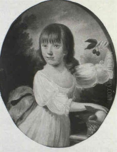 Portrait Of A Young Girl, Half Length Wearing A White Dress And Pink Sash, Holding A Sprig Of Cherries In Her Left Oil Painting by Joseph Parry