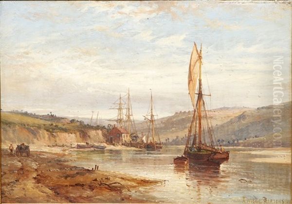 Engelsk Kystparti Med Sejlskibe Og Optrukne Joller, Pa Stranden Mand Med Kaerre, I Baggrunden Mole Og Hus Oil Painting by Alfred Parsons