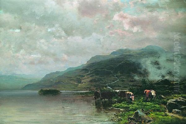 Cattle Watering Along The Mountainside Oil Painting by Arthur Parton