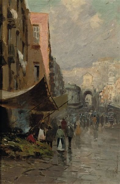 An Italian Street Market (+ Another; 2 Works) Oil Painting by Lazzaro Pasini
