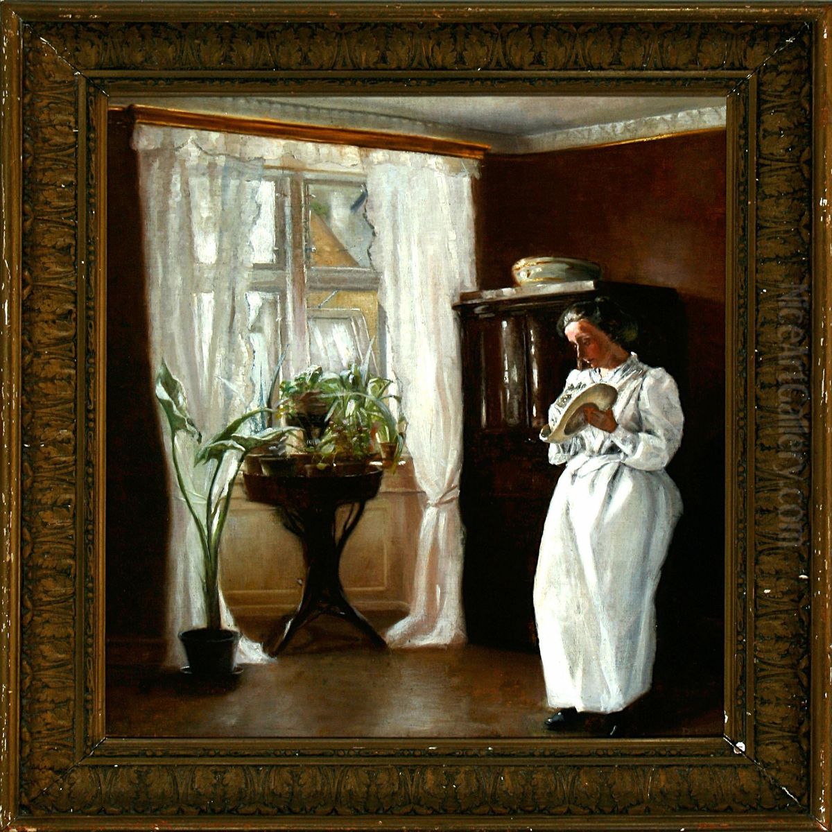 A Young Woman In A White Dress Standing At A Window. Signed P. B Oil Painting by Paul Trepka Bloch