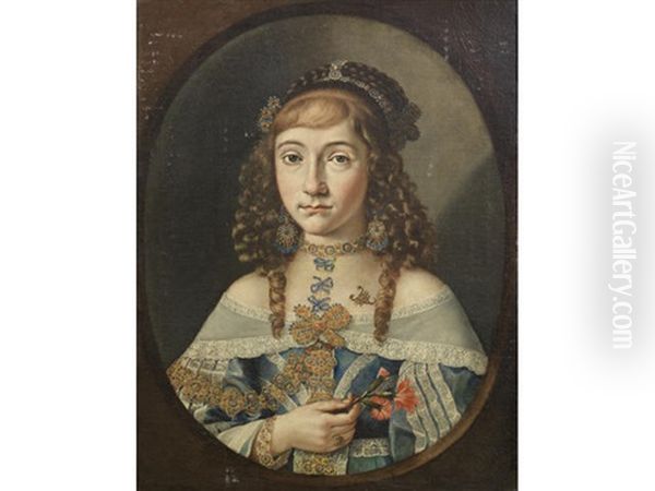 Portrait Of A Young Girl, Possibly From The Molara Family, Bust-length In A Blue Dress And Holding A Carnation, Within A Painted Oval Oil Painting by Giuseppe Passeri