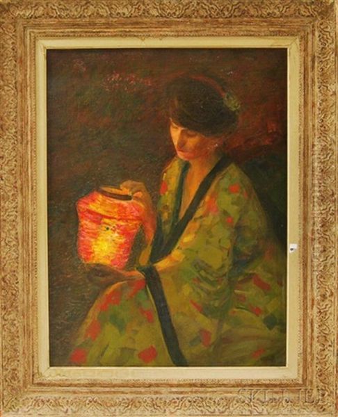 Woman In A Kimono With A Japanese Lantern Oil Painting by Carlo Passigli