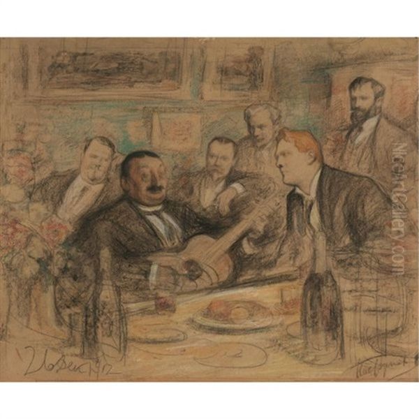 At K.a. Korovin's Old Time Songs: Chaliapin And The Artists Oil Painting by Leonid Ossipovich Pasternak