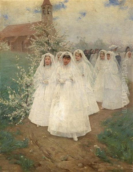 Kinderschar Nach Der Erstkommunion Oil Painting by Laszlo Pataky
