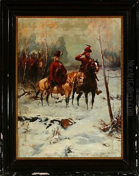 Soldiers On Horsebacks Are Watching Over The Hungarian Plain On A Winter Day Oil Painting by Laszlo Pataky