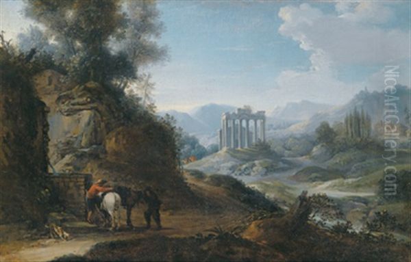 Weite Landschaft Mit Romischer Tempelruine Und Reitern Bei Der Rast An Einem Brunnen Oil Painting by Pierre Patel