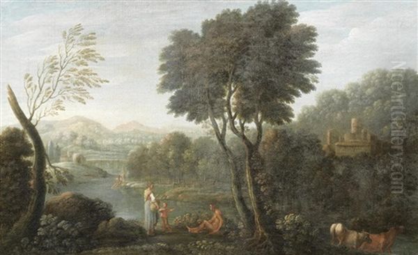 An Italianate Landscape With Figures On A Riverbank Oil Painting by Pierre Antoine Patel