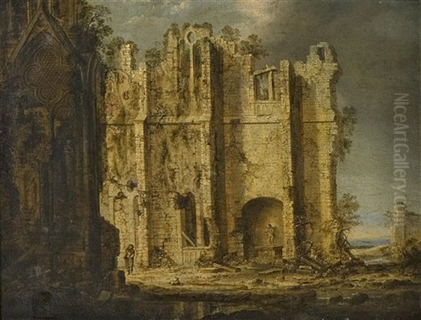 Gotisk Kyrkoruin Med Herde Och Far, I Fonden Blanande Landskap Oil Painting by Pierre Antoine Patel