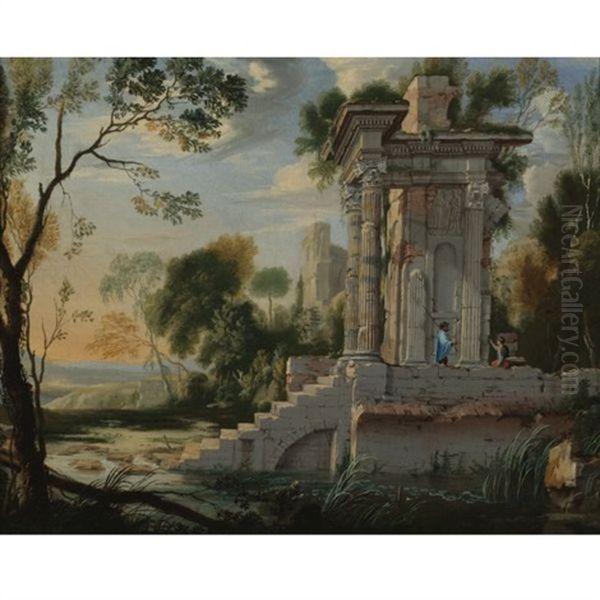 Architectural Capriccio With Figures Resting Oil Painting by Pierre Antoine Patel