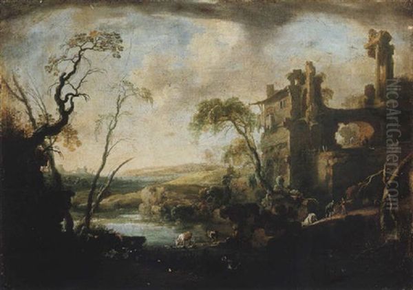 An Italianate Landscape, With Cows And Figures By A Pool Oil Painting by Pierre Antoine Patel