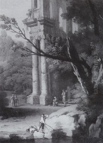 Paysage Avec Architecture Antique Et Pecheur Oil Painting by Pierre Antoine Patel