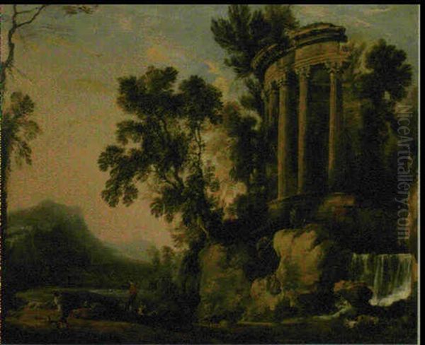 Paysage De Riviere Avec Une Vue Fantaisiste Du Temple De La Sybille Oil Painting by Pierre Antoine Patel