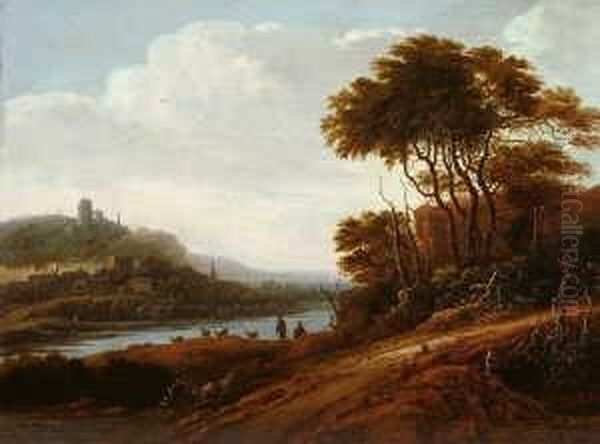 Flusslandschaft Mit Hochgelegener Burg Und Ziegenhirten.
 Signiert Unten Rechts: A. Oil Painting by Adriaen Bloemaert