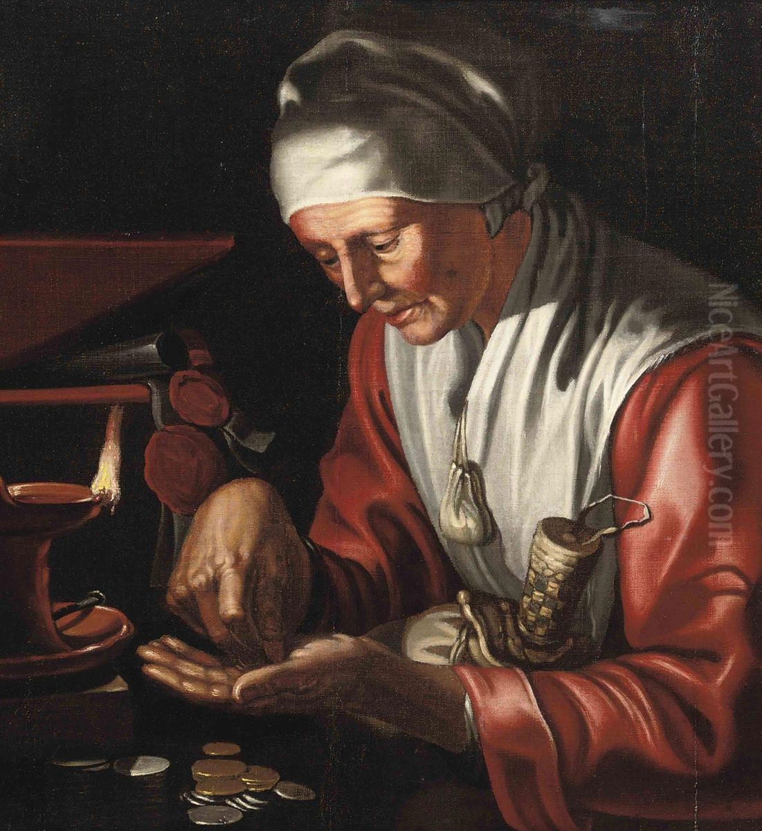An Old Lady Seated At A Table Counting Money Oil Painting by Hendrick Bloemaert