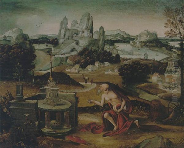 Saint Jerome In Penitence, In An Extensive Rocky Landscape Oil Painting by Joachim Patinir