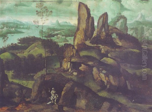 An Extensive Mountainous Landscape With Saint Jerome In His Hermitage, A Coastal Town Beyond Oil Painting by Joachim Patinir