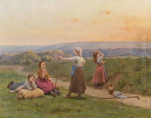 Le Repos Des Jeunes Filles Au Soleil Couchant Oil Painting by Cesar Pattein