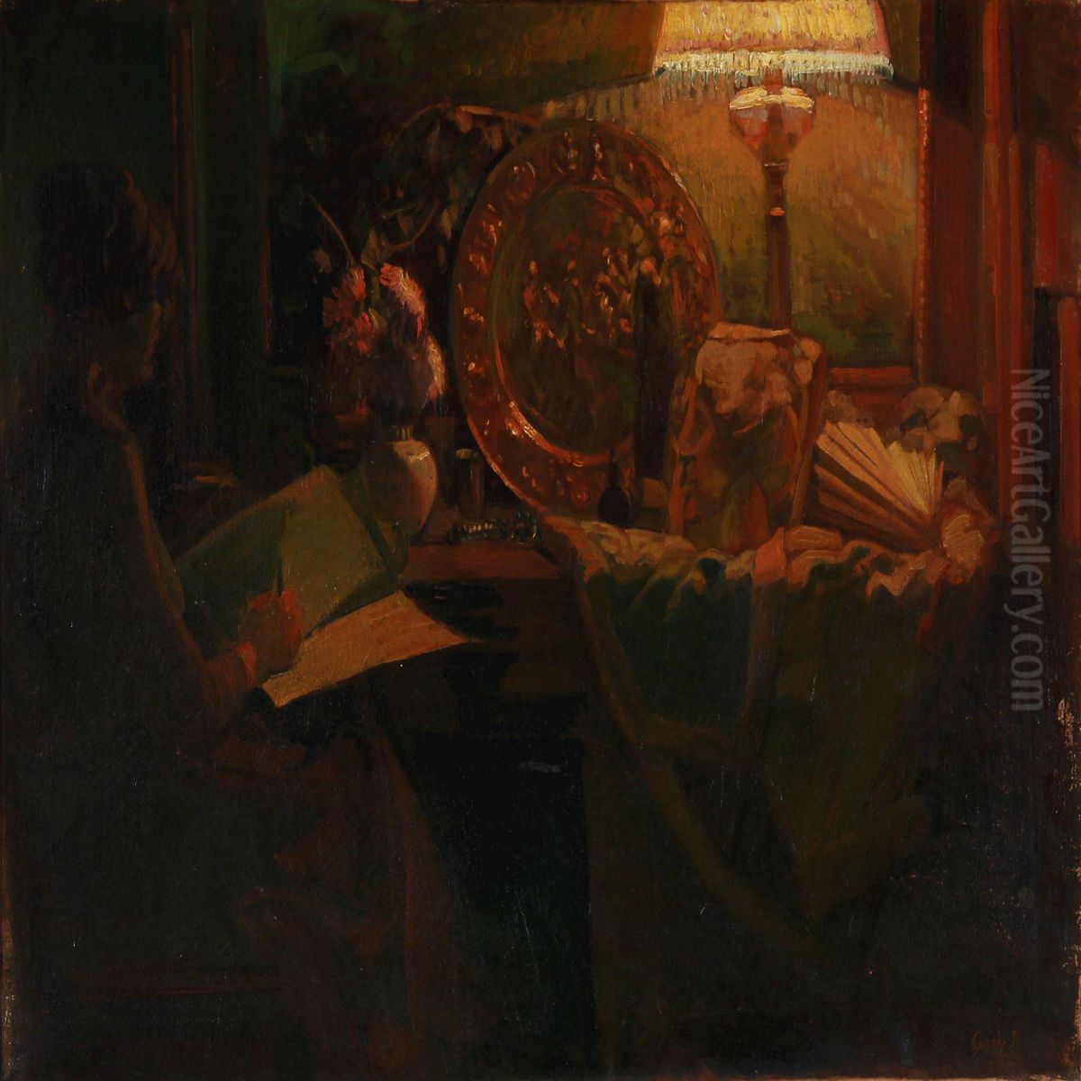 Interior With A Woman Writing Oil Painting by Gerhard Lichtenberg Blom
