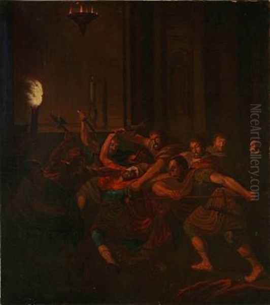 Knud Den Helliges Drab I Sankt Albani Kirke I Odense I Ar 1086 (the Murder Of King Canute The Holy Of Denmark In St. Albani Church) (study) Oil Painting by Erik Pauelsen