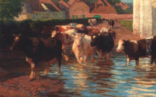 Cattle Fording A River Oil Painting by Ernst Paul