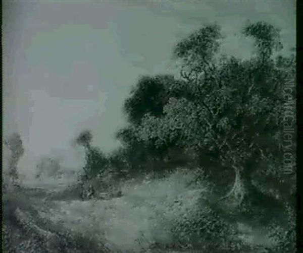 A Wooded Landscape With Figures Resting On A Log, A River   And Cottages Beyond Oil Painting by Joseph Paul