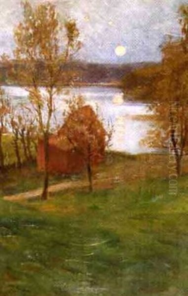 Mane Over Sjo Och Hus Oil Painting by Georg Pauli