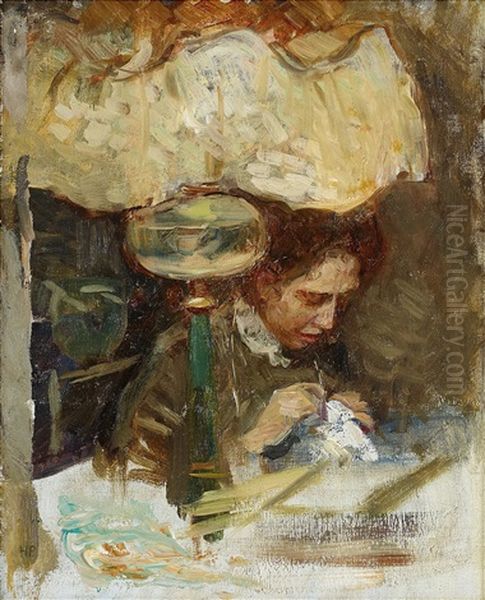 Vid Lampans Sken - Vanner Oil Painting by Hanna (nee Hirsch) Pauli