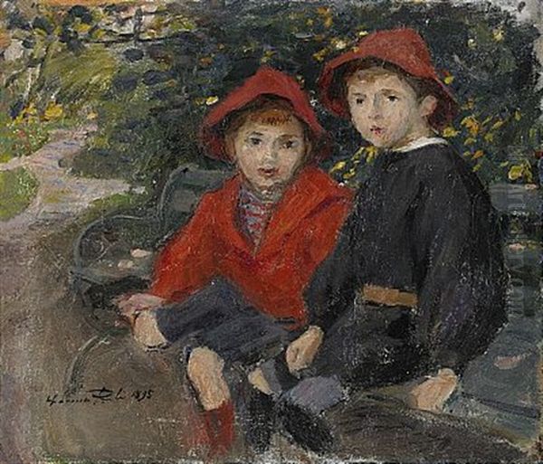 Pojkarna Pa Banken - Goran Och Torsten Pauli Oil Painting by Hanna (nee Hirsch) Pauli