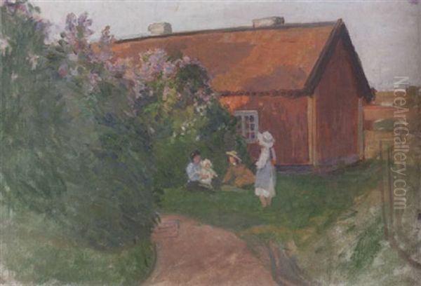 Sommarlandskap Med Barn Och Blommande Syrener Oil Painting by Hanna (nee Hirsch) Pauli