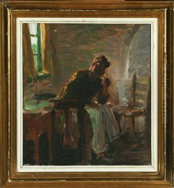 Interior With Smoking Man Oil Painting by Julius Paulsen