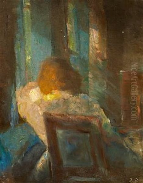 Interior Med Ung Pige- Interior With A Young Girl Oil Painting by Julius Paulsen