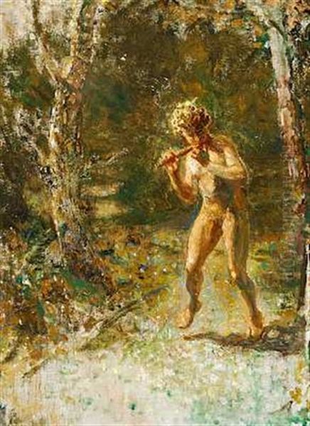 En Faun Med Flojte I Skoven Oil Painting by Julius Paulsen