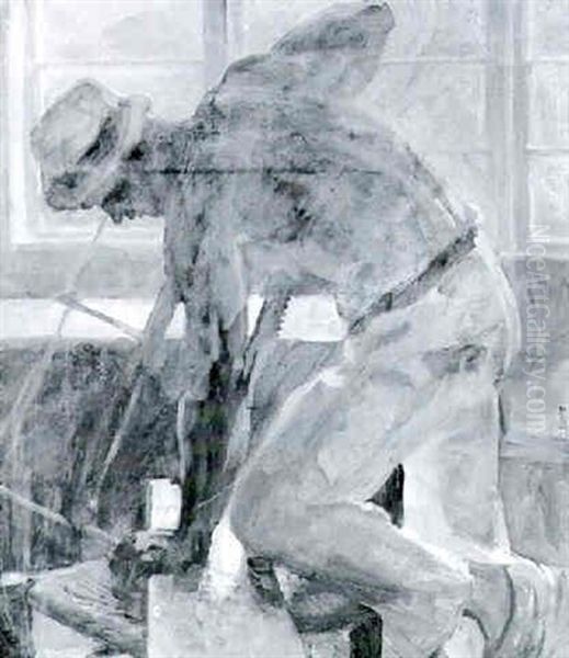 En Tommer Ved Saven Oil Painting by Julius Paulsen