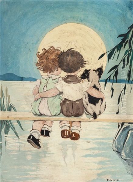 Two Children And Dog Oil Painting by Herbert Andrew Paus