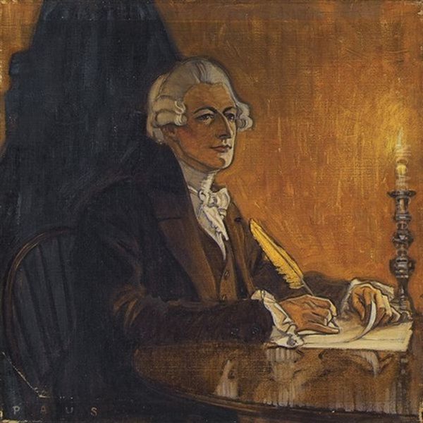 Alexander Hamilton At His Desk With Quill Oil Painting by Herbert Andrew Paus