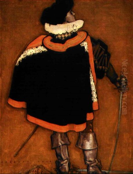 Cavalier With Cape And Drawn Sword Seen From Back Oil Painting by Herbert Andrew Paus