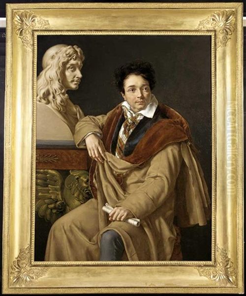 Portrait Of A Man (the Actor Armand-benoit Roussel?) With The A Bust Of Moliere In The Background Oil Painting by Isidore Pean Du Pavillon