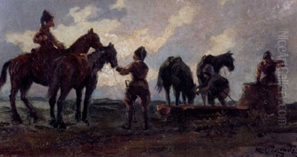 Cossacks Tending To Their Horses Oil Painting by Aleksandr Pavlovich