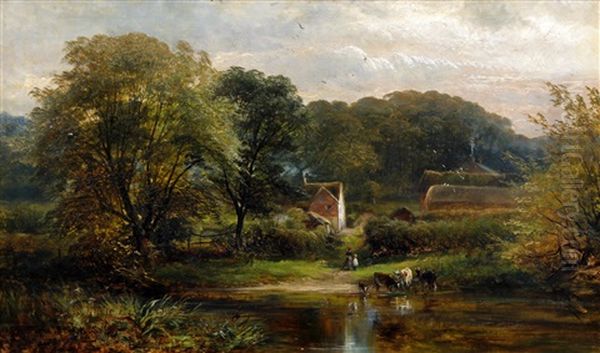 Figure And Cattle By A River By A Farm And Hamlet In A River Valley Oil Painting by David Payne