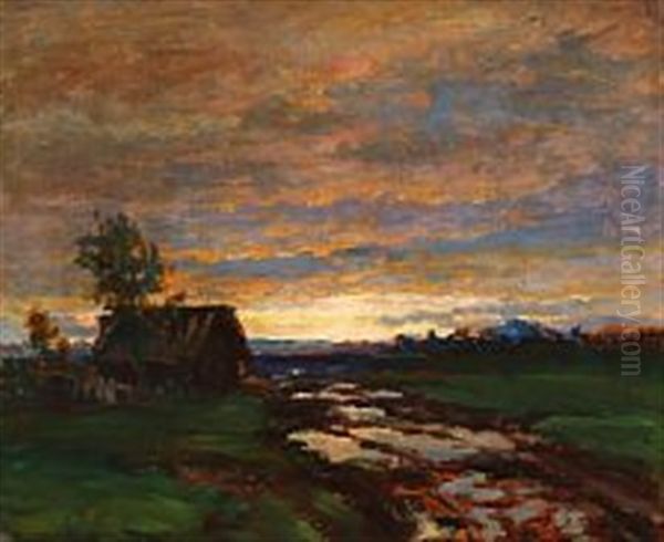 Sunset Over A Russian Farm House Oil Painting by Vladimir Nikolaewitsch Pchelin