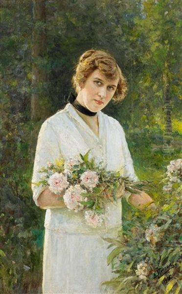 Portrait Einer Blumenpfluckenden Dame Oil Painting by Vladimir Nikolaewitsch Pchelin