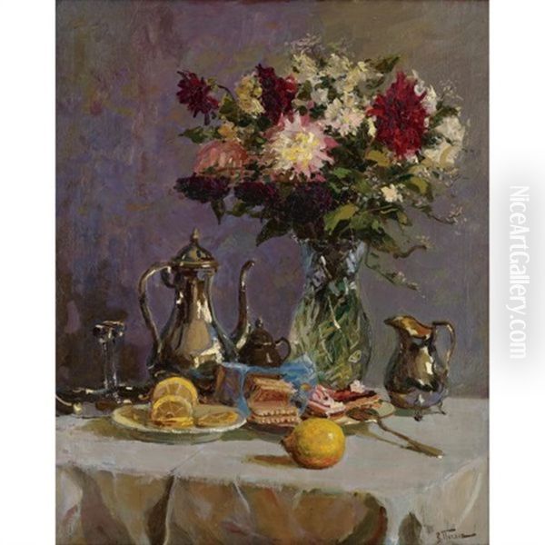 Still Life With Teapot And Flowers Oil Painting by Vladimir Nikolaewitsch Pchelin